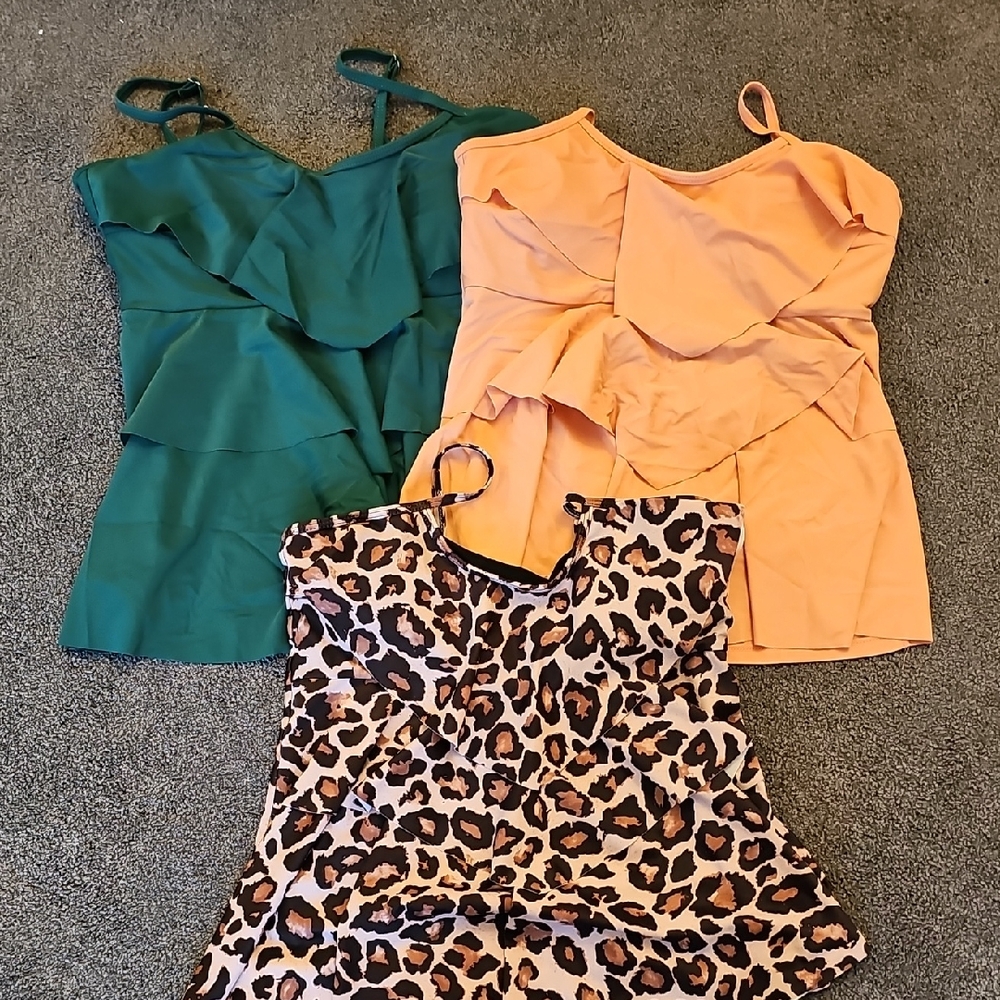 Green, Orange, and Leopard Print Tops